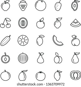 thin line vector icon set - cucumber vector, strawberry, apple, pear, cherry, peach, quince, apricot, red, tasty mulberry, water melon, slice of, mango, half, loquat, tangerine, lemon, pineapple