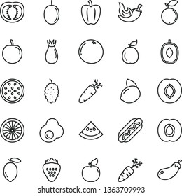 thin line vector icon set - Hot Dog vector, chili, carrot, fried egg, strawberry, half apricot, plum, rose hip, blueberry, mulberry, delicious, tasty, passion fruit, lemon, yellow, of, orange, guava