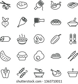 thin line vector icon set - deep plate with a spoon vector, iron fork spoons, sausage, onion, spaghetti, noodles, cake, apple pie, bowl of buckwheat porridge, in saucepan, chicken, grill leg, chop