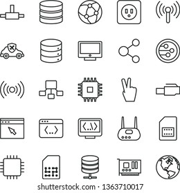 thin line vector icon set - power socket type b vector, screen, big data, server, autopilot, SIM card, connection, hierarchical scheme, cpu, pc, router, network, browser, connect, coding, wireless