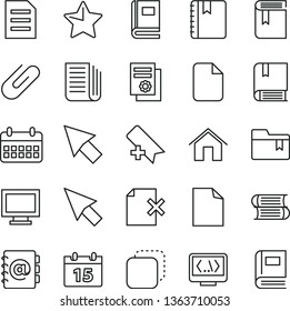 thin line vector icon set - monitor window vector, add bookmark, clean sheet of paper, folder, book, e, books, home, calendar, star, notebook, address, delete page, clip, copy, newspaper, coding
