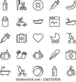 thin line vector icon set - mark of injury vector, first aid kit, mug for feeding, measuring cup, bottle, powder, baby stroller, summer, sitting, mercury thermometer, bath ball, children's bathroom