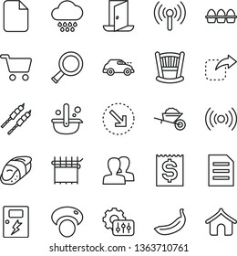 thin line vector icon set - women vector, cradle, cloud, garden trolley, dangers, move right, bottom arrow, bundle of eggs, barbecue, sushi, banana, mashroom, cloth industry, retro car, metallurgy