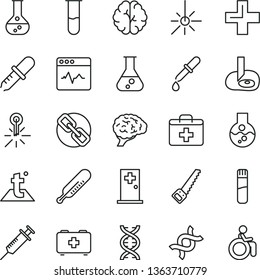 thin line vector icon set - spectacles vector, first aid kit, plus, mercury thermometer, bag of a paramedic, arm saw, temperature, cardiogram, flask, outdoor, test tube, dna, brain, pipette, syringe