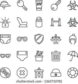 thin line vector icon set - mark of injury vector, spectacles, scales, diaper, nappy, powder, car child seat, winter hat, warm, helmet, dust bin, key, umbrella, encrypting, glasses, biohazard