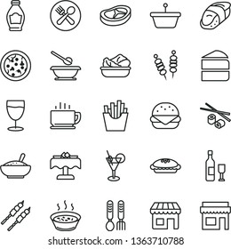 thin line vector icon set - plates and spoons vector, iron fork, coffee, fried vegetables on sticks, pizza, big burger, piece of cake, pie, a bowl rice porridge, in saucepan, lettuce plate, bacon