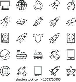 thin line vector icon set - counterclockwise vector, t short, bath ball, earth, artificial satellite, billboard, rocket, space, planet, tablet pc, hdd, telescope, saturn, lunar rover, flag on moon