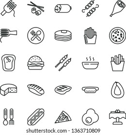 thin line vector icon set - iron fork spoons vector, sausage, stick of, cheese, pizza, piece, Hot Dog, mini, burger, spaghetti, noodles, porridge, grill chicken leg, chop, barbecue, meat on skewers