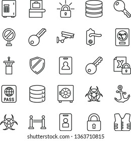 thin line vector icon set - prohibition vector, key, door knob, lock, anchor, passport, big data, strongbox, encrypting, biohazard, airport tower, rope barrier, identity card, baggage scanner, safe