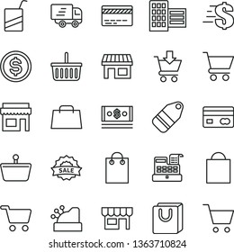 thin line vector icon set - paper bag vector, grocery basket, bank card, dollar, e, city block, cart, put in, with handles, kiosk, label, stall, shopping, reverse side of a, cash, hand, machine