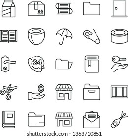 thin line vector icon set - folder vector, book, open pin, books, window frame, door knob, ntrance, received letter, umbrella, cardboard box, 24, package, canned goods, half of coconut, kiosk, stall