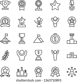 thin line vector icon set - star vector, pedestal, medal, winner, laurel branch, podium, prize, award, cup, gold, reward, man hands up, motivation, mountain flag, first place, with pennant, ribbon