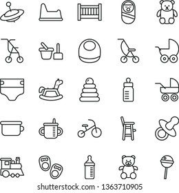 thin line vector icon set - baby cot vector, dummy, mug for feeding, bottle, measuring, diaper, bib, stroller, carriage, summer, sitting, stacking rings, roly poly doll, toy sand set, chair, a child