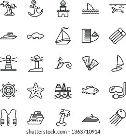 thin line vector icon set - anchor vector, small fish, commercial seaport, lighthouse, coastal, sand castle, sail boat, hotel, beach, palm tree, starfish, flippers, diving mask, surfing, handwheel