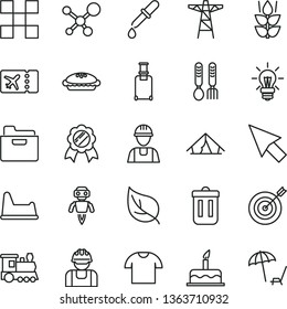 thin line vector icon set - potty chair vector, iron fork spoons, cake, builder, tile, folder, T shirt, pie, mint, leaf, power pole, light bulb, trash bin, cursor, molecule, pipette, robot, target