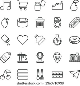 thin line vector icon set - baby powder vector, iron fork spoons, brickwork, putty knife, heart, cart, label, canned goods, Hot Dog, cake with a hole, strawberry, cherry, pear, mango, round flask