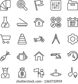 thin line vector icon set - daily calendar vector, zoom, mug for feeding, stacking rings, sample of colour, home, flag, regulator, folder, math actions, cart, dollars, scanner, connect, history
