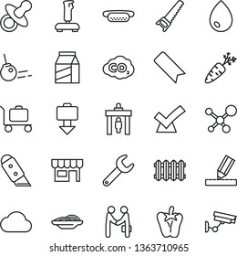 thin line vector icon set - bookmark vector, dummy, hand saw, drawing, knife, new radiator, core, drop, kiosk, package, mini hot dog, slices of onion, peper, carrot, carbon dyoxide, repair key