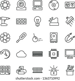 thin line vector icon set - matte light bulb vector, monitor, electronic thermometer e, brickwork, drill, spatula, core, magnet, cashbox, computer, fan, radiator, keyboard, cpu, web camera, hdd, cd