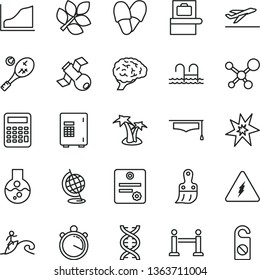 thin line vector icon set - plastic brush vector, flask, molecule, electricity, dna, brain, satellite, globe, graduate hat, calculator, growth graph, biology, stopwatch, patente, bang, rope barrier