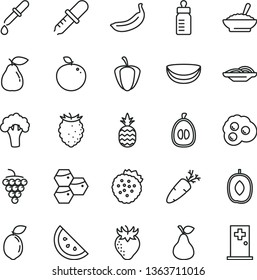thin line vector icon set - feeding bottle vector, slices of onion, a bowl buckwheat porridge, carrot, omelette, strawberries, pineapple, pear, orange slice, honeycombs, large grape, strawberry