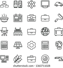 thin line vector icon set - calendar vector, briefcase, calculator, new roller, portfolio, case, flowchart, lens, porridge in a saucepan, solar panel, industrial factory, retro car, planet, computer