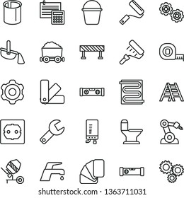 thin line vector icon set - repair key vector, gears, cogwheel, concrete mixer, measuring tape, bucket, new roller, paint, color samples, sample of colour, ladder, comfortable toilet, building