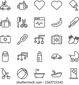 thin line vector icon set - heart symbol vector, toys over the cradle, cot, mug for feeding, measuring cup, bottle, powder, baby, stroller, summer, electronic thermometer e, mercury, bath ball, room