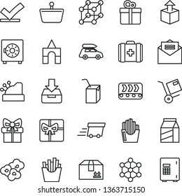thin line vector icon set - medical bag vector, packing of juice with a straw, box bricks, received letter, put in, strongbox, cardboard, gift, package, shipment, unpacking, French fries, popcorn