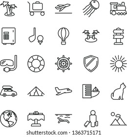 thin line vector icon set - earth vector, plane, train, car baggage, air balloon, passenger, departure, hotel, tent, beach, sun, palm tree, restaurant, diving mask, pets, safe, shield, signpost