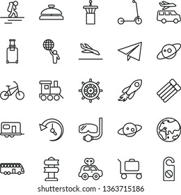 thin line vector icon set - paper airplane vector, motor vehicle present, baby toy train, child Kick scooter, planet, space rocket, history, saturn, man hold world, camper, bus, bike, backpacker