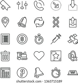 thin line vector icon set - bell vector, add bookmark, renewal, silent mode, upload archive data, question, new abacus, dust bin, heart, phone call, move down, right bottom arrow, location, dna