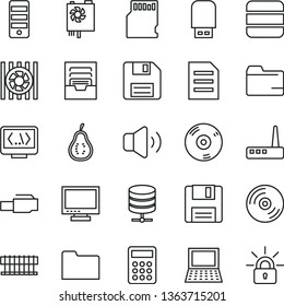 thin line vector icon set - floppy disk vector, monitor, folder, archive, CD, big data server, volume, part of guava, calculator, notebook pc, radiator fan, power supply, tower, router, usb flash