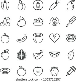 thin line vector icon set - electronic thermometer vector e, broken heart, lettuce in a plate, of milk, carrot, apple, cherry, half apricot, pomegranate, red, tasty, blackberry, mulberry, loquat