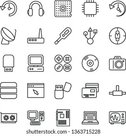 thin line vector icon set - laptop vector, camera, electronic thermometer e, cards, math actions, processor, satellite dish, goal woman, computer, motherboard, cpu, gpu card, usb, router, cd, flash