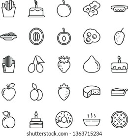 thin line vector icon set - cake vector, cheese, mini hot dog, slices of onion, slice, torte, birthday, glazed with a hole, porridge, French fries, fried potato, popcorn, omelette, apple, peach, red
