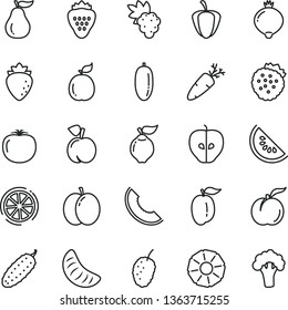 thin line vector icon set - cucumber vector, carrot, strawberry, strawberries, peach, ripe, apple, grape, quince, tasty, raspberry, medlar, mulberry, slice of melon, water, date fruit, tangerine