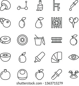 thin line vector icon set - baby bib vector, children's sand set, a chair for feeding, colored air balloons, Kick scooter, sample of colour, wooden paint brush, eye, porcini, cake with hole, pear