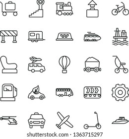 thin line vector icon set - truck lorry vector, Baby chair, summer stroller, child Kick scooter, traffic signal, car, sea port, gas station, conveyor, eco, trolley with coal, winner stairway, plane