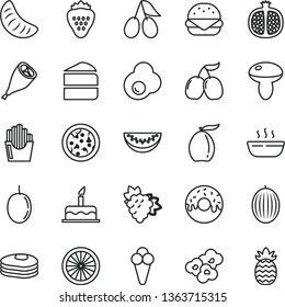 thin line vector icon set - cake vector, pizza, big burger, mushroom, piece of, glazed with a hole, hot porridge, grill chicken leg, fried potato slices, popcorn, cone, egg, strawberry, pancakes