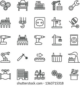 thin line vector icon set - tower crane vector, winch hook, gears, concrete mixer, cordless drill, power socket type f, buildings, commercial seaport, valve, factory, oil, battery, industrial, three