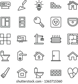 thin line vector icon set - house vector, dwelling, brickwork, brick wall, building trowel, window, arm saw, sink, toilet, comfortable, laying out, power socket type b, door knob, ntrance, interroom