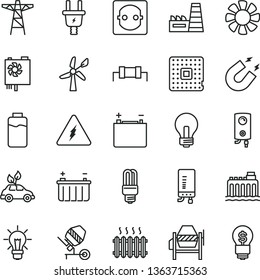 thin line vector icon set - incandescent lamp vector, concrete mixer, boiler, electronic, charge level, wind energy, accumulator, battery, hydroelectricity, power pole, electric plug, socket, fan