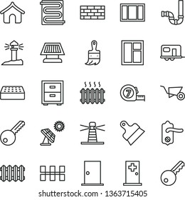 thin line vector icon set - bedside table vector, brickwork, building trolley, window, frame, long meashuring tape, wooden paint brush, siphon, key, door knob, ntrance, ceramic tiles, brick, coastal