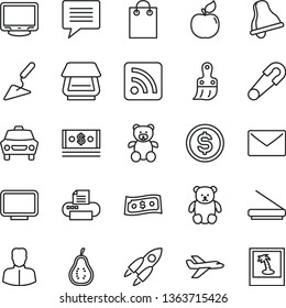thin line vector icon set - bell vector, image of thought, rss feed, safety pin, teddy bear, small, building trowel, plastic brush, envelope, car, apricot, part guava, woman, dollar, cash, bag