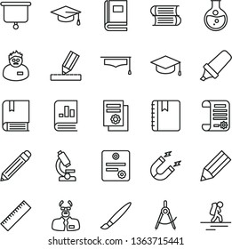 thin line vector icon set - tassel vector, graphite pencil, yardstick, e, books, drawing, notebook, square academic hat, round flask, magnet, scribed compasses, text highlighter, book on statistics