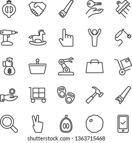 thin line vector icon set - cargo trolley vector, magnifier, small rocking horse, shoes for little children, drill, hand saw, arm, spatula, hammer with claw, index finger, shipment, cabbage, loquat