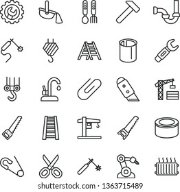 thin line vector icon set - scissors vector, open pin, iron fork spoons, crane, tower, hook, winch, hand saw, arm, stepladder, ladder, sewerage, gear, knife, kitchen faucet, hammer, clip, pipes, gas