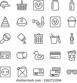 thin line vector icon set - bin vector, grocery basket, bank card, feeding bottle, baby powder, beanbag, rubber duck, stacking toy, children's sand set, bucket, sewerage, power socket type b, f, jar