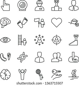 thin line vector icon set - women vector, children's tracks, workman, garden trolley, employee, heart, index finger, eye, lens, woman, man in sight, dna, brain, bactery, artifical insimination, flag